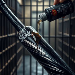 A close-up image of a large black baseball bat wrapped in clear plastic