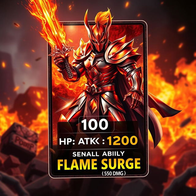 A striking trading card design featuring a Metallic Fire Warrior character, exuding power and readiness for battle