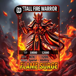 A striking trading card design featuring a Metallic Fire Warrior character, exuding power and readiness for battle