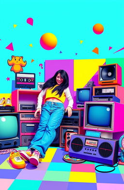 A vibrant and nostalgic tribute to the 1990s, featuring iconic elements such as a colorful geometric patterns, cassette tapes, retro video game consoles, and classic television sets