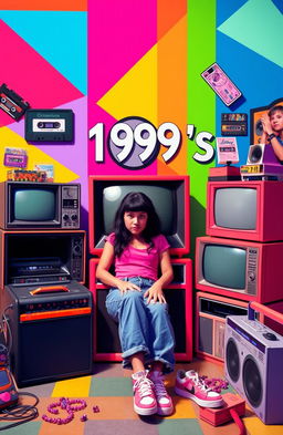 A vibrant and nostalgic tribute to the 1990s, featuring iconic elements such as a colorful geometric patterns, cassette tapes, retro video game consoles, and classic television sets