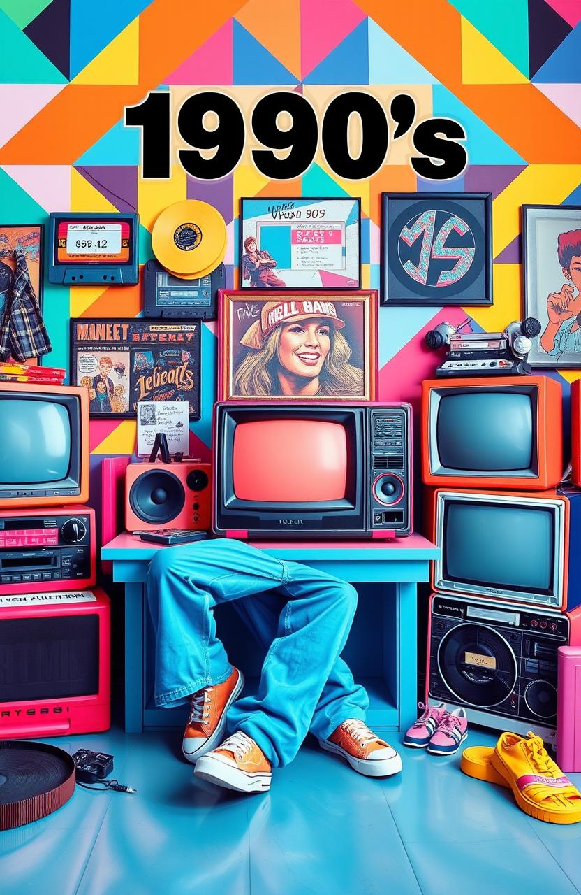 A vibrant and nostalgic tribute to the 1990s, featuring iconic elements such as a colorful geometric patterns, cassette tapes, retro video game consoles, and classic television sets