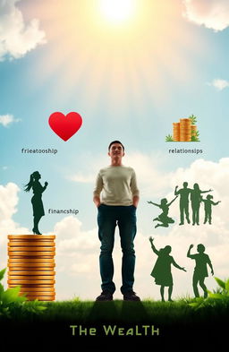 A visually striking representation of wealth and balance in life, featuring a serene scene where an individual stands at the center, symbolizing the balance across core areas: friendship, relationships, and finance