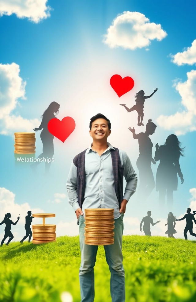 A visually striking representation of wealth and balance in life, featuring a serene scene where an individual stands at the center, symbolizing the balance across core areas: friendship, relationships, and finance