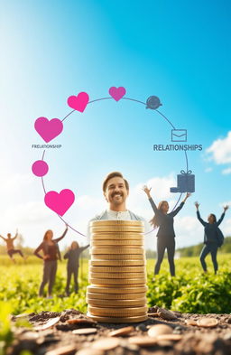 A visually striking representation of wealth and balance in life, featuring a serene scene where an individual stands at the center, symbolizing the balance across core areas: friendship, relationships, and finance