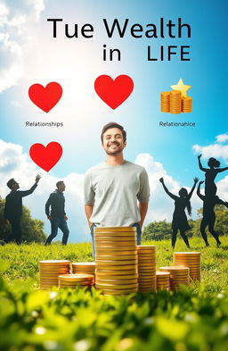 A visually striking representation of wealth and balance in life, featuring a serene scene where an individual stands at the center, symbolizing the balance across core areas: friendship, relationships, and finance
