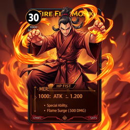 An eye-catching trading card design featuring a fierce Fire Fist Monk character exuding strength and agility