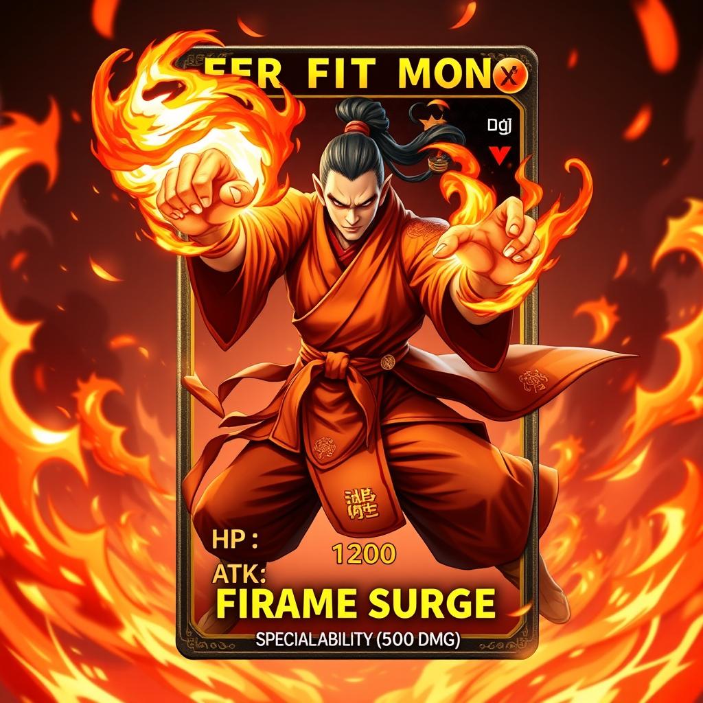 An eye-catching trading card design featuring a fierce Fire Fist Monk character exuding strength and agility