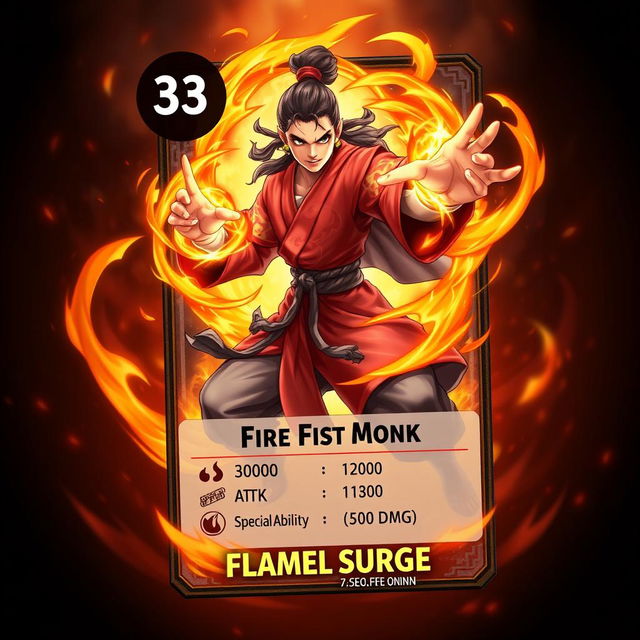 An eye-catching trading card design featuring a fierce Fire Fist Monk character exuding strength and agility