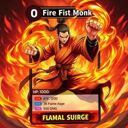 An eye-catching trading card design featuring a fierce Fire Fist Monk character exuding strength and agility