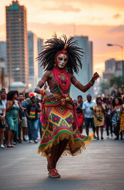 A lively street scene featuring a Dancing African female masquerade performer in colorful traditional attire, adorned with vibrant beads and intricate masks