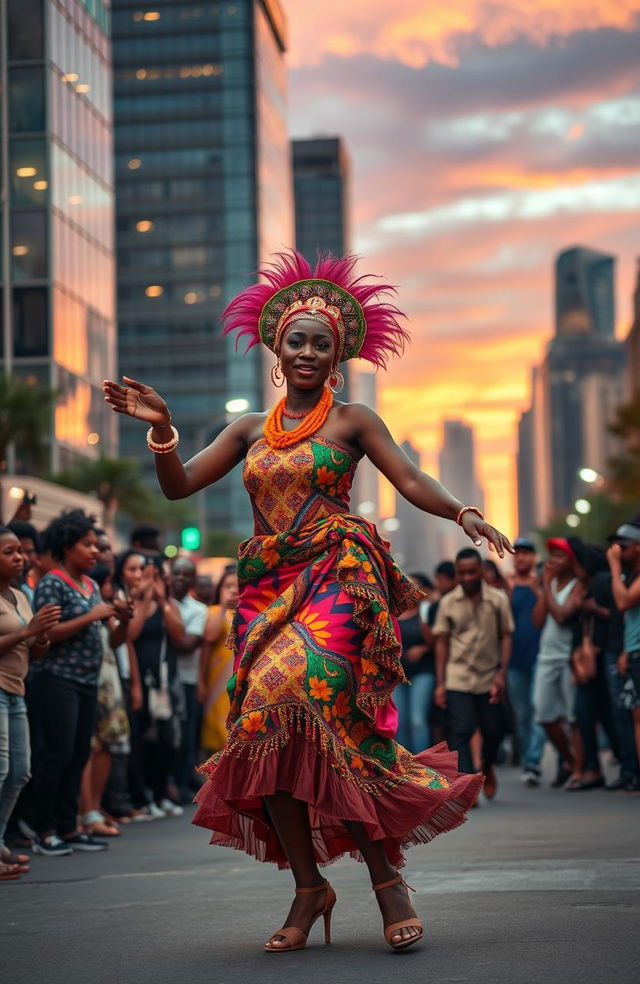 A lively street scene featuring a Dancing African female masquerade performer in colorful traditional attire, adorned with vibrant beads and intricate masks