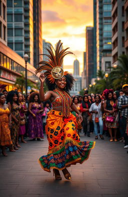 A lively street scene featuring a Dancing African female masquerade performer in colorful traditional attire, adorned with vibrant beads and intricate masks