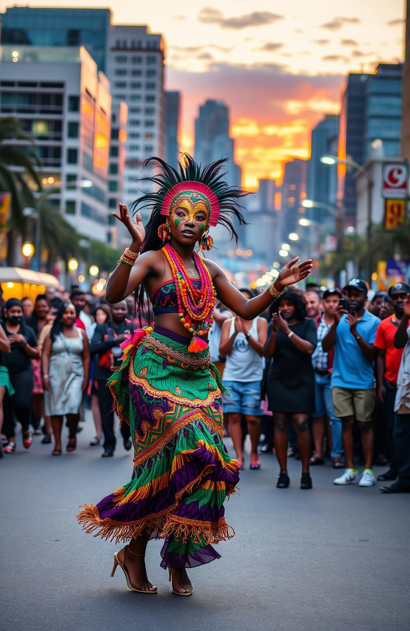 A lively street scene featuring a Dancing African female masquerade performer in colorful traditional attire, adorned with vibrant beads and intricate masks