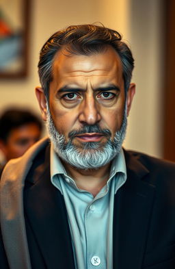 A focused portrait of Yahya Sinwar, a prominent political leader, showcasing his serious demeanor and distinctive features