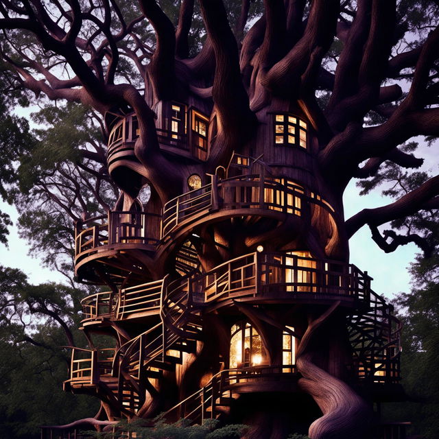 A parametrically designed treehouse tower, intricately crafted from a massive oak tree. The image is bathed in twilight's soft glow.