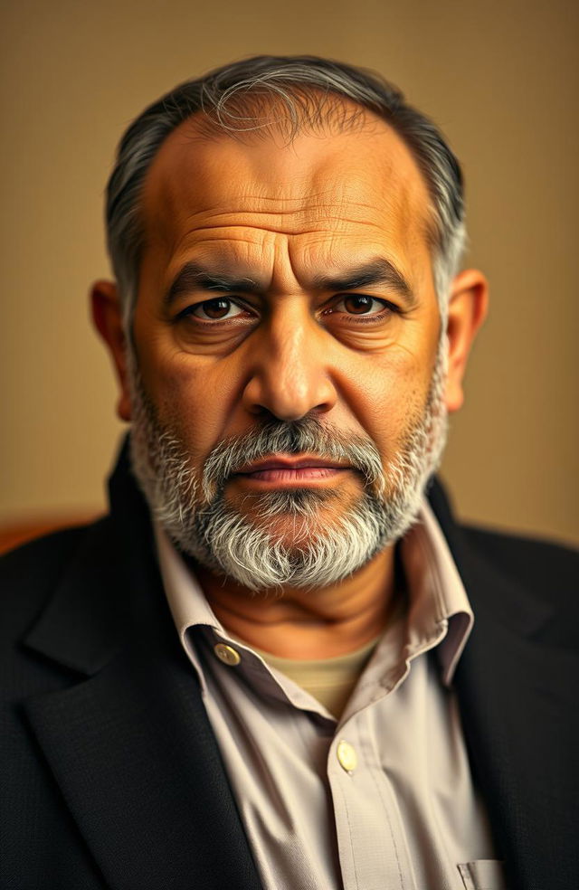 A focused portrait of Yahya Sinwar, a prominent political leader, showcasing his serious demeanor and distinctive features