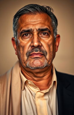 A focused portrait of Yahya Sinwar, a prominent political leader, showcasing his serious demeanor and distinctive features