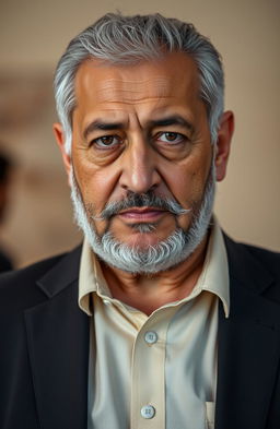 A focused portrait of Yahya Sinwar, a prominent political leader, showcasing his serious demeanor and distinctive features