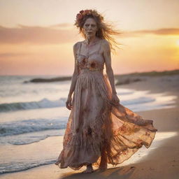 Detailed 36k resolution professional photography of a decaying zombie woman in a tattered dirty old sundress billowing in the wind, wearing a beautiful flower headpiece, standing at the beach shoreline, full body side profile, staring calmly at a brilliant sunset, using double exposure.