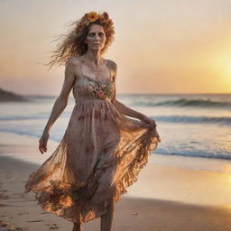 Detailed 36k resolution professional photography of a decaying zombie woman in a tattered dirty old sundress billowing in the wind, wearing a beautiful flower headpiece, standing at the beach shoreline, full body side profile, staring calmly at a brilliant sunset, using double exposure.