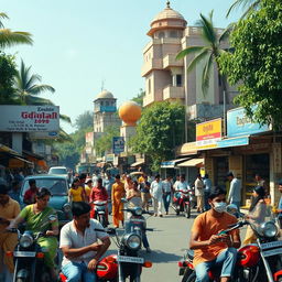 A nostalgic representation of India in the 1990s, depicting vibrant street scenes filled with colorful shops and vendors, traditional clothing styles of that era, young adults enjoying music on cassette tapes, retro advertisements, classic Indian motorcycles, and a lively atmosphere