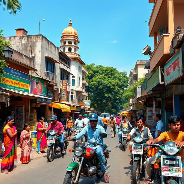 A nostalgic representation of India in the 1990s, depicting vibrant street scenes filled with colorful shops and vendors, traditional clothing styles of that era, young adults enjoying music on cassette tapes, retro advertisements, classic Indian motorcycles, and a lively atmosphere