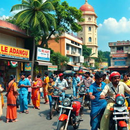 A nostalgic representation of India in the 1990s, depicting vibrant street scenes filled with colorful shops and vendors, traditional clothing styles of that era, young adults enjoying music on cassette tapes, retro advertisements, classic Indian motorcycles, and a lively atmosphere