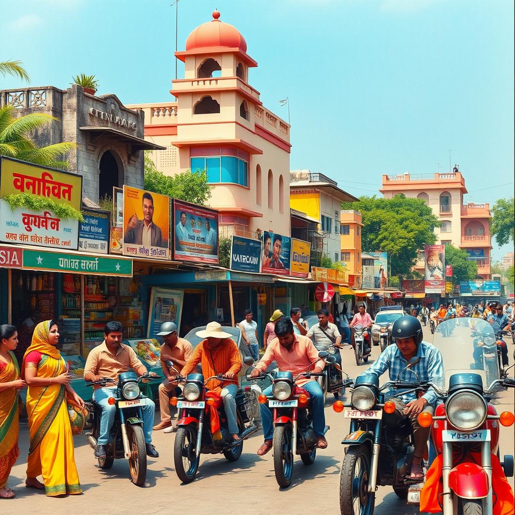 A nostalgic representation of India in the 1990s, depicting vibrant street scenes filled with colorful shops and vendors, traditional clothing styles of that era, young adults enjoying music on cassette tapes, retro advertisements, classic Indian motorcycles, and a lively atmosphere