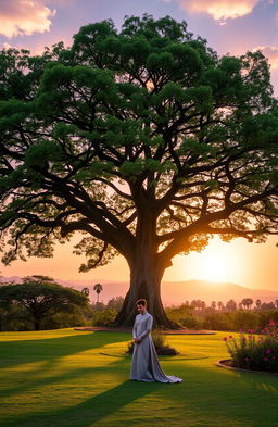 A serene landscape featuring a large, majestic tree with sprawling branches and vibrant green leaves, casting soft shadows on the ground