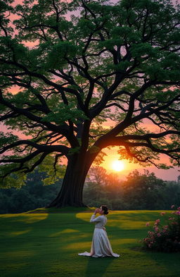 A serene landscape featuring a large, majestic tree with sprawling branches and vibrant green leaves, casting soft shadows on the ground