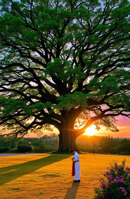 A serene landscape featuring a large, majestic tree with sprawling branches and vibrant green leaves, casting soft shadows on the ground