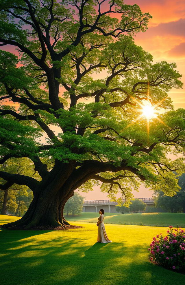 A serene landscape featuring a large, majestic tree with sprawling branches and vibrant green leaves, casting soft shadows on the ground