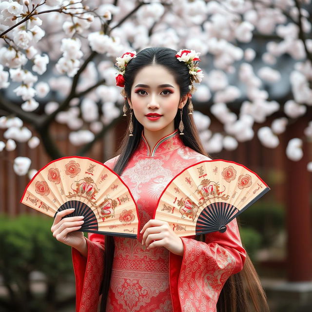 A beautiful Chinese woman dressed in an elegant traditional Chinese costume, adorned with intricate patterns and vibrant colors