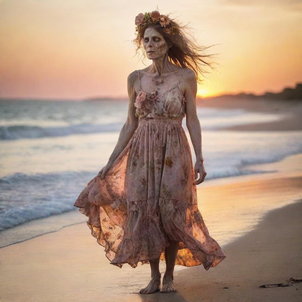 Detailed 36k resolution professional photography of a decaying zombie woman in a tattered dirty old sundress billowing in the wind, wearing a beautiful flower headpiece, standing at the beach shoreline, full body side profile, staring calmly at a brilliant sunset, using double exposure.