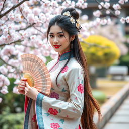 A beautiful Chinese woman dressed in an elegant traditional Chinese costume, adorned with intricate patterns and vibrant colors