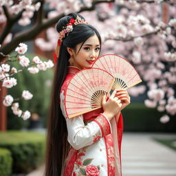 A beautiful Chinese woman dressed in an elegant traditional Chinese costume, adorned with intricate patterns and vibrant colors