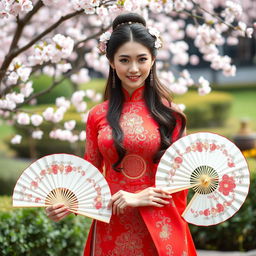 A beautiful Chinese woman dressed in an elegant traditional Chinese costume, adorned with intricate patterns and vibrant colors