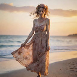 Detailed 36k resolution professional photography of a decaying zombie woman in a tattered dirty old sundress billowing in the wind, wearing a beautiful flower headpiece, standing at the beach shoreline, full body side profile, staring calmly at a brilliant sunset, using double exposure.