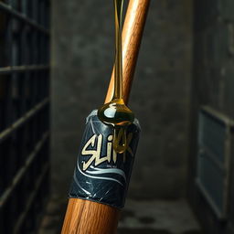 A close-up shot of a large black baseball bat wrapped in transparent plastic, with clear oil from a big black lube container labeled with a stylish "SLiKK" graffiti logo pouring over the tip of the bat, creating drips that glisten in the light