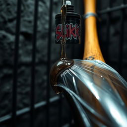 A close-up shot of a large black baseball bat wrapped in transparent plastic, with clear oil from a big black lube container labeled with a stylish "SLiKK" graffiti logo pouring over the tip of the bat, creating drips that glisten in the light