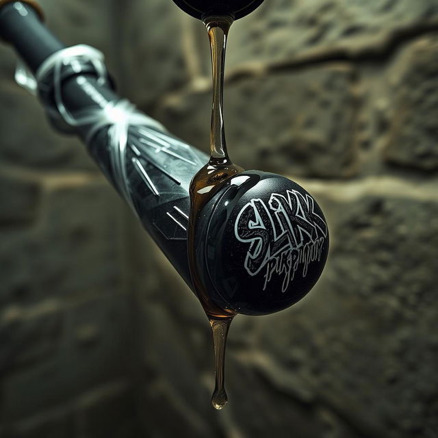 A close-up shot of a large black baseball bat wrapped in transparent plastic, with clear oil from a big black lube container labeled with a stylish "SLiKK" graffiti logo pouring over the tip of the bat, creating drips that glisten in the light