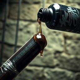A close-up shot of a large black baseball bat wrapped in transparent plastic, with clear oil from a big black lube container labeled with a stylish "SLiKK" graffiti logo pouring over the tip of the bat, creating drips that glisten in the light