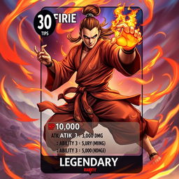 An epic trading card design featuring a powerful Fire Fist Monk character, exuding strength and mystique