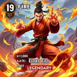 An epic trading card design featuring a powerful Fire Fist Monk character, exuding strength and mystique