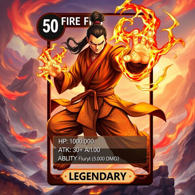 An epic trading card design featuring a powerful Fire Fist Monk character, exuding strength and mystique