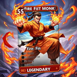 An epic trading card design featuring a powerful Fire Fist Monk character, exuding strength and mystique