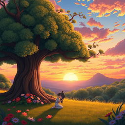 An animated scene depicting a large, enchanting tree with broad, luscious branches and beautiful flowers surrounding its base