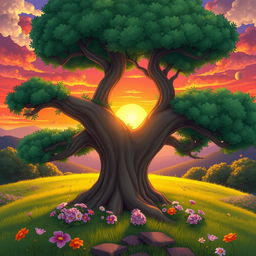 An animated scene depicting a large, enchanting tree with broad, luscious branches and beautiful flowers surrounding its base