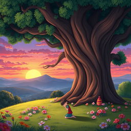 An animated scene depicting a large, enchanting tree with broad, luscious branches and beautiful flowers surrounding its base